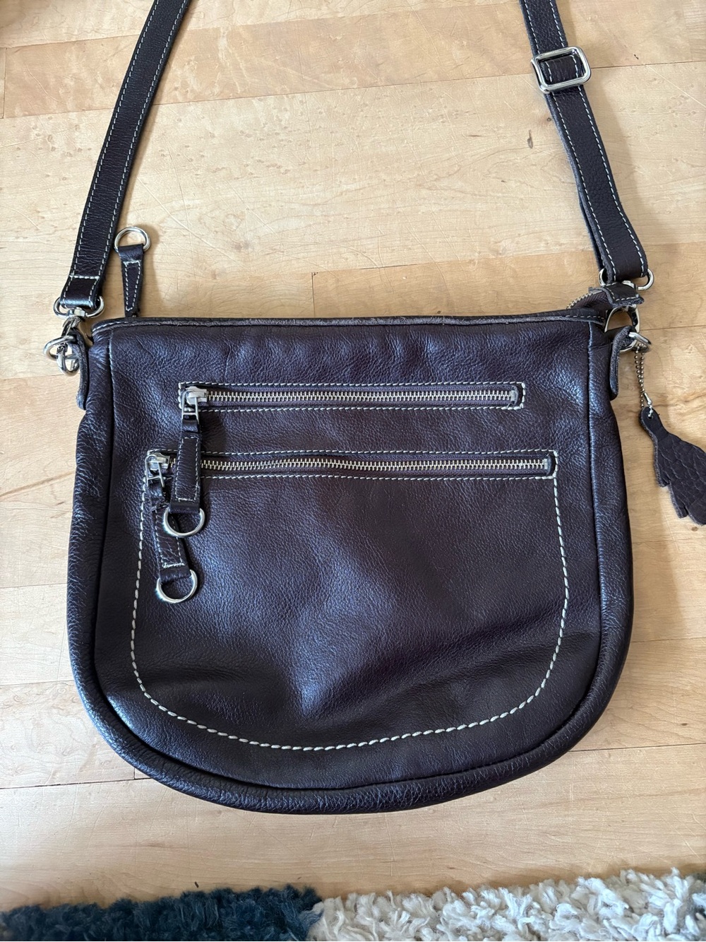 Roots Dark Brown Leather Crossbody with Front Zip Pockets